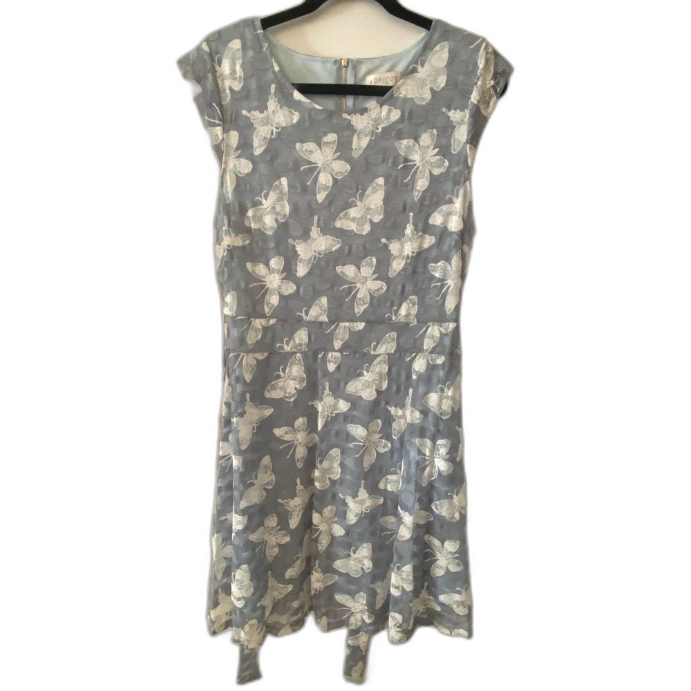 Apricot Blue White Butterfly Cap Sleee Dress Women's Sz 12 Large